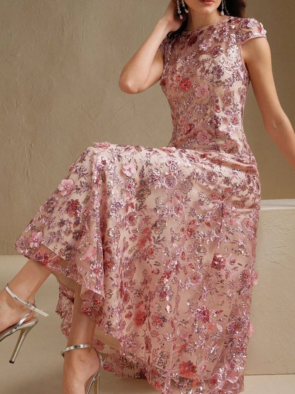 Champagne Elegant Women's Floral Mesh Sequin Short Sleeve Dress